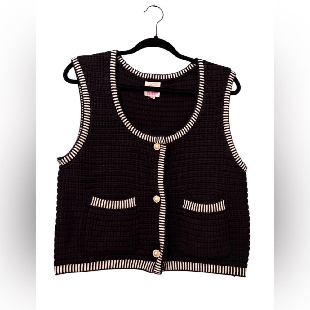 So Me Black & Cream Women's Cardigan Sleeveless‎ Knit Vest M NWOT